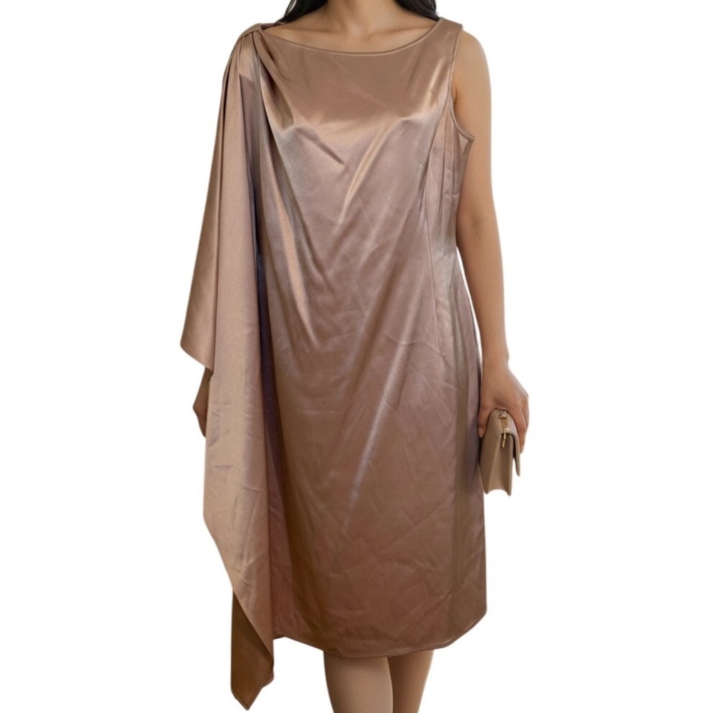 ST. JOHN  Liquid Pink Asymmetrical Draped Cape Shoulder‎ Dress Size 8